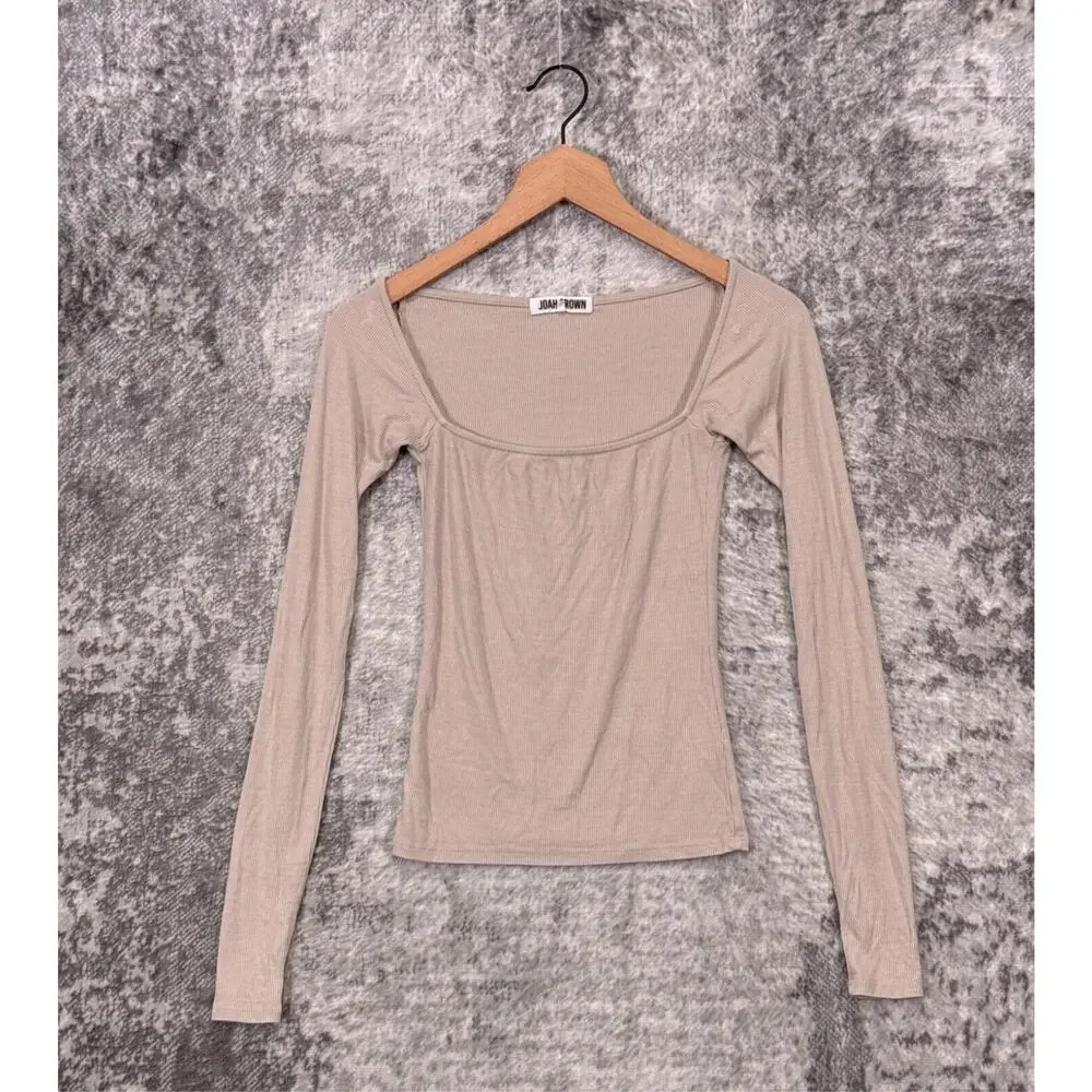 Joah Brown Top XS / Small Womens Ribbed Square Neck Long Sleeve